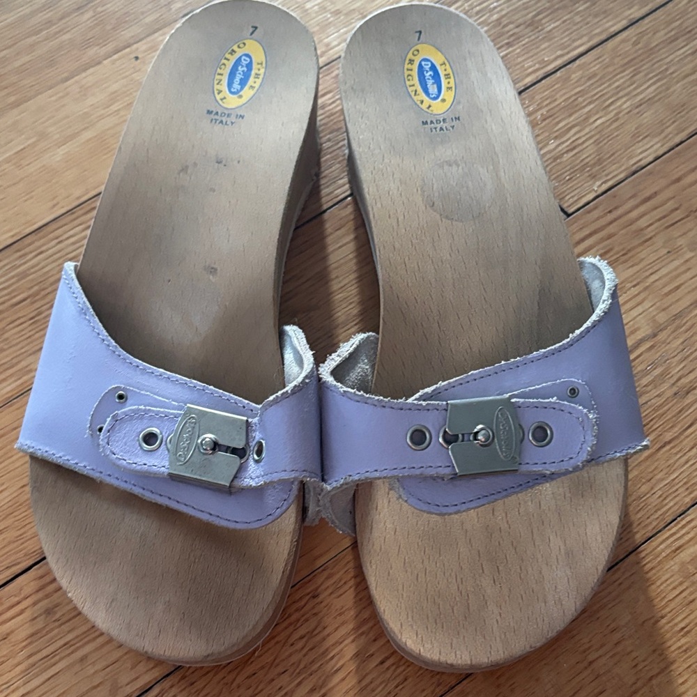 Dr. Scholl's Lavender Mules with Wood Sole Made In Italy Sz 7 fair used cond